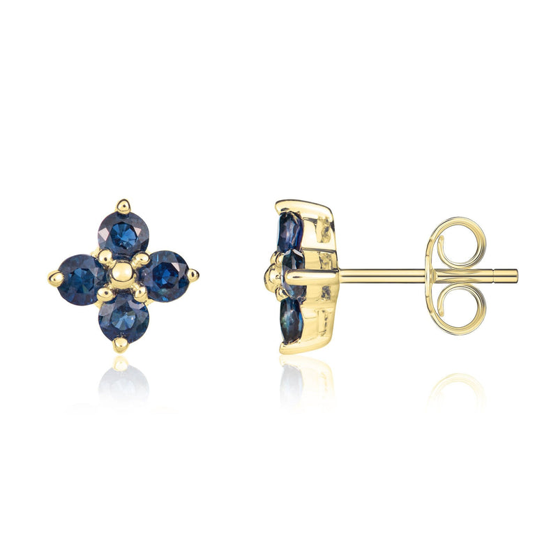 9ct Yellow Gold Round Natural Sapphire Four Stone Cluster Stud Earrings