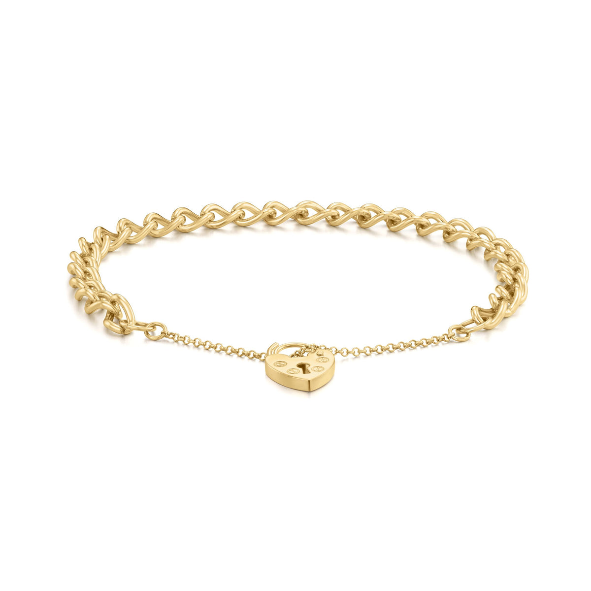 9ct Yellow Gold 5.7mm Open Curb Link Heart Padlock Bracelet