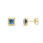 9ct Yellow Gold Square Natural London Blue Topaz Rubover Stud Earrings — 5mm