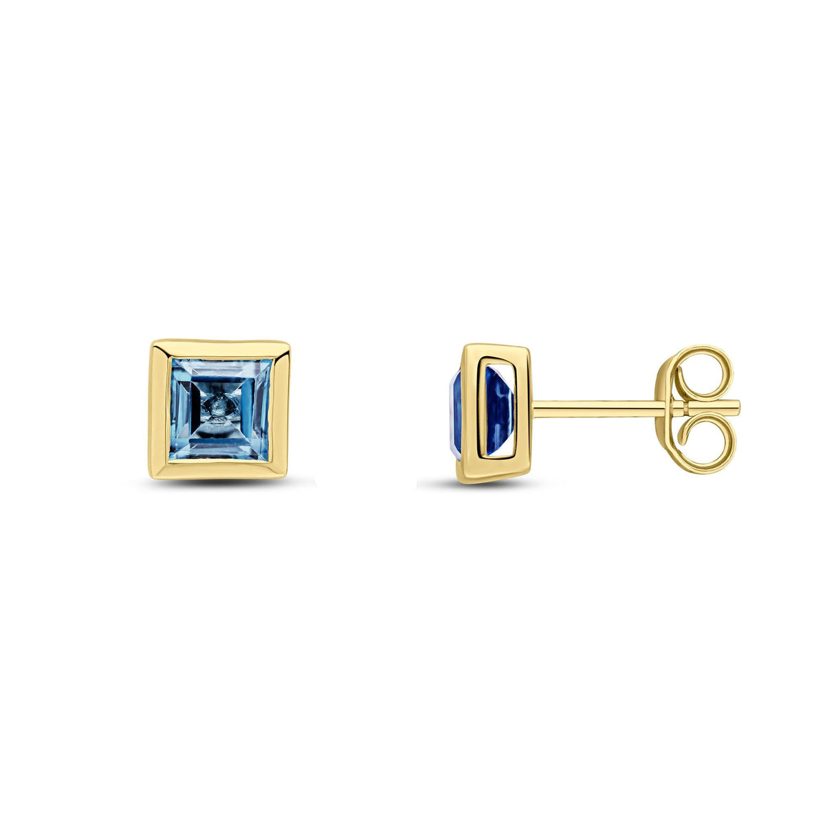 9ct Yellow Gold Square Natural London Blue Topaz Rubover Stud Earrings — 5mm