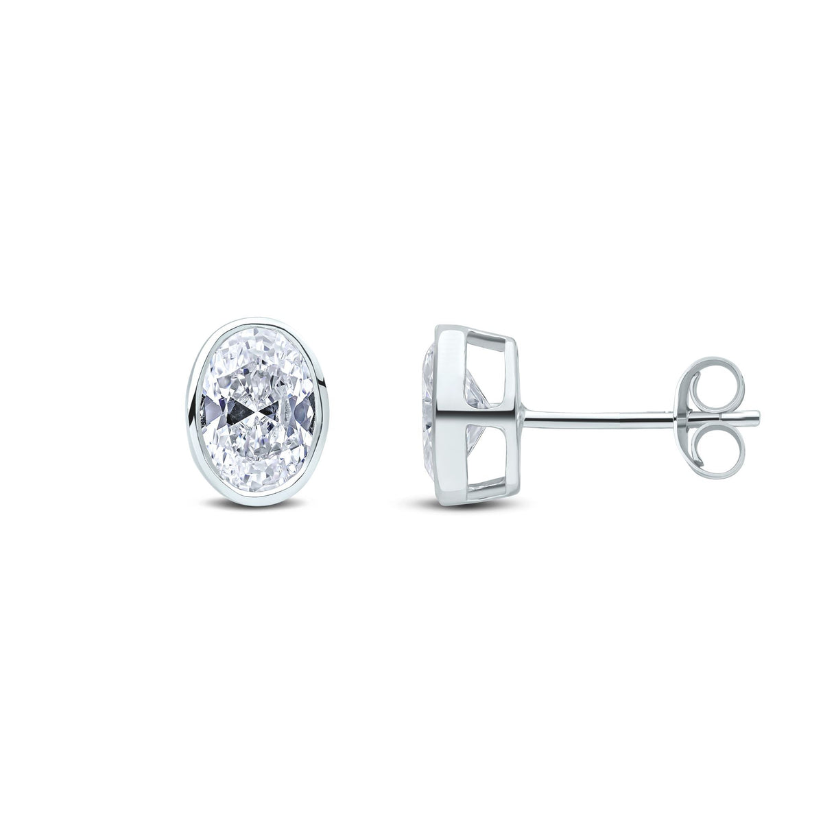 9ct White Gold Oval Cubic Zirconia CZ Rubover Stud Earrings — 7x5mm