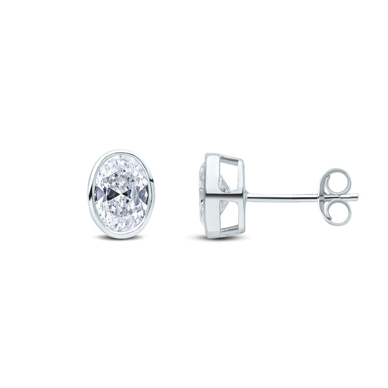 9ct White Gold Oval Cubic Zirconia CZ Rubover Stud Earrings — 7x5mm