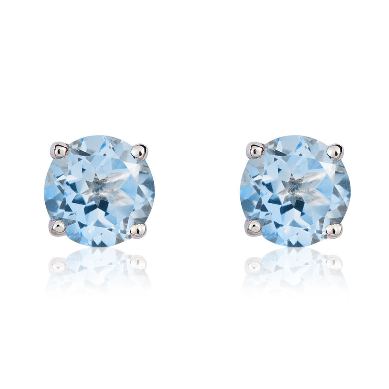 9ct White Gold Round Natural Aquamarine Claw Set Stud Earrings — 5mm