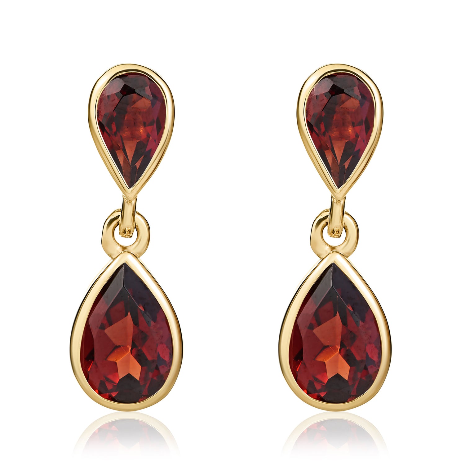 9ct Yellow Gold Pear Shaped Natural Garnet Two Stone Rubover Drop Earrings