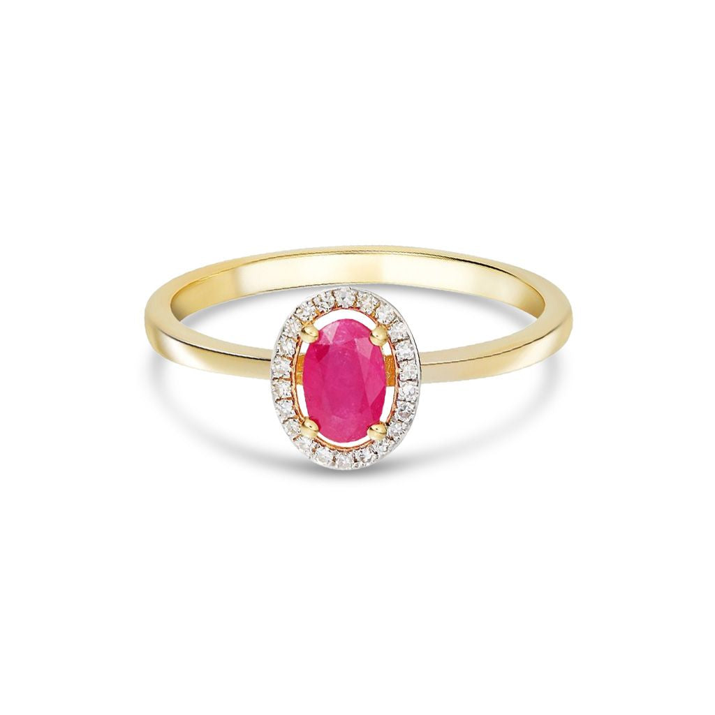 9ct Yellow Gold Oval Natural Ruby and Round Diamond Halo Cluster Ring — 6x4mm