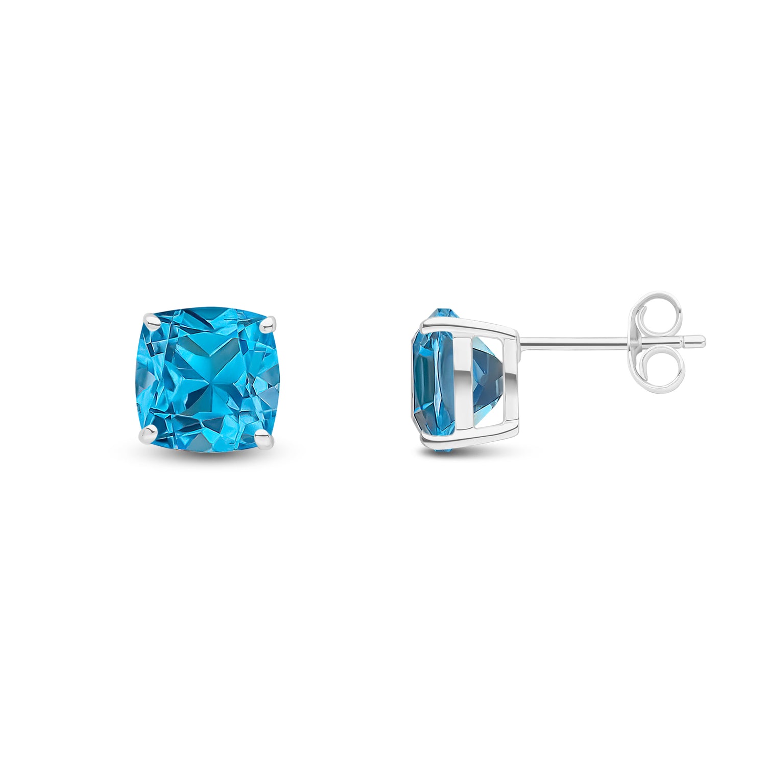 9ct White Gold Cushion Natural Swiss Blue Topaz Claw Stud Earrings