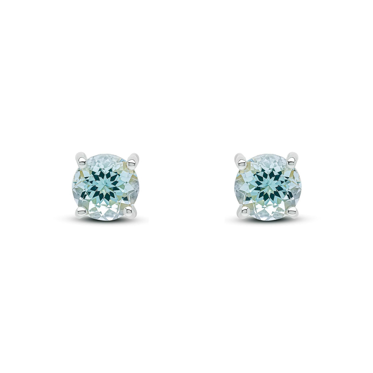 9ct White Gold Round Natural Aquamarine Claw Set Stud Earrings — 6mm