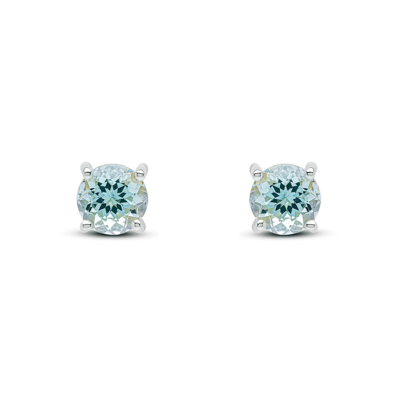 9ct White Gold Round Natural Aquamarine Claw Set Stud Earrings — 6mm