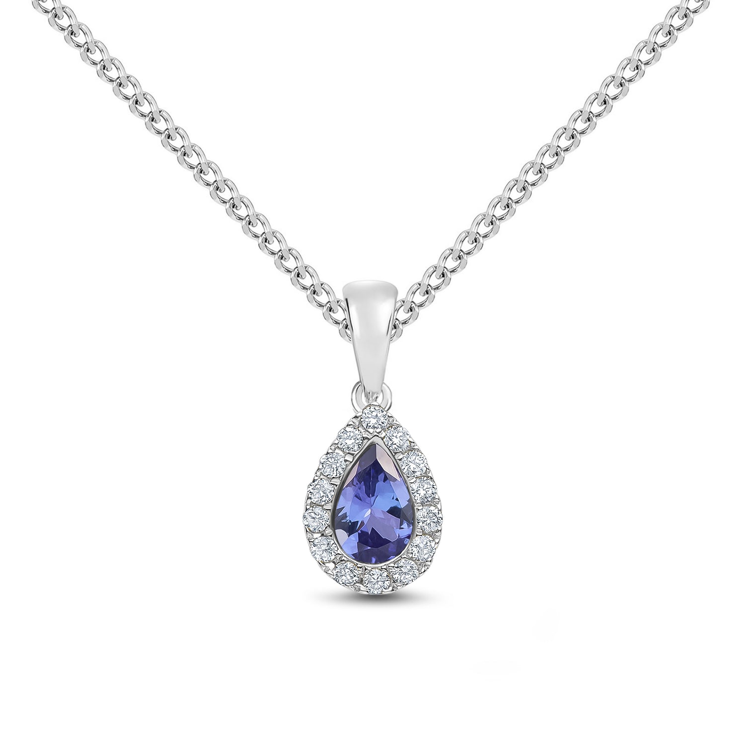 18ct White Gold Pear Shaped Natural Tanzanite and Round Diamond Microset Cluster Pendant — 6x4mm