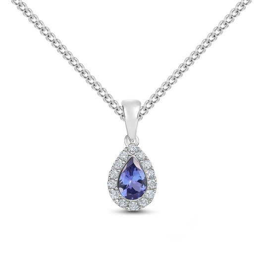 18ct White Gold Pear Shaped Natural Tanzanite and Round Diamond Microset Cluster Pendant — 6x4mm