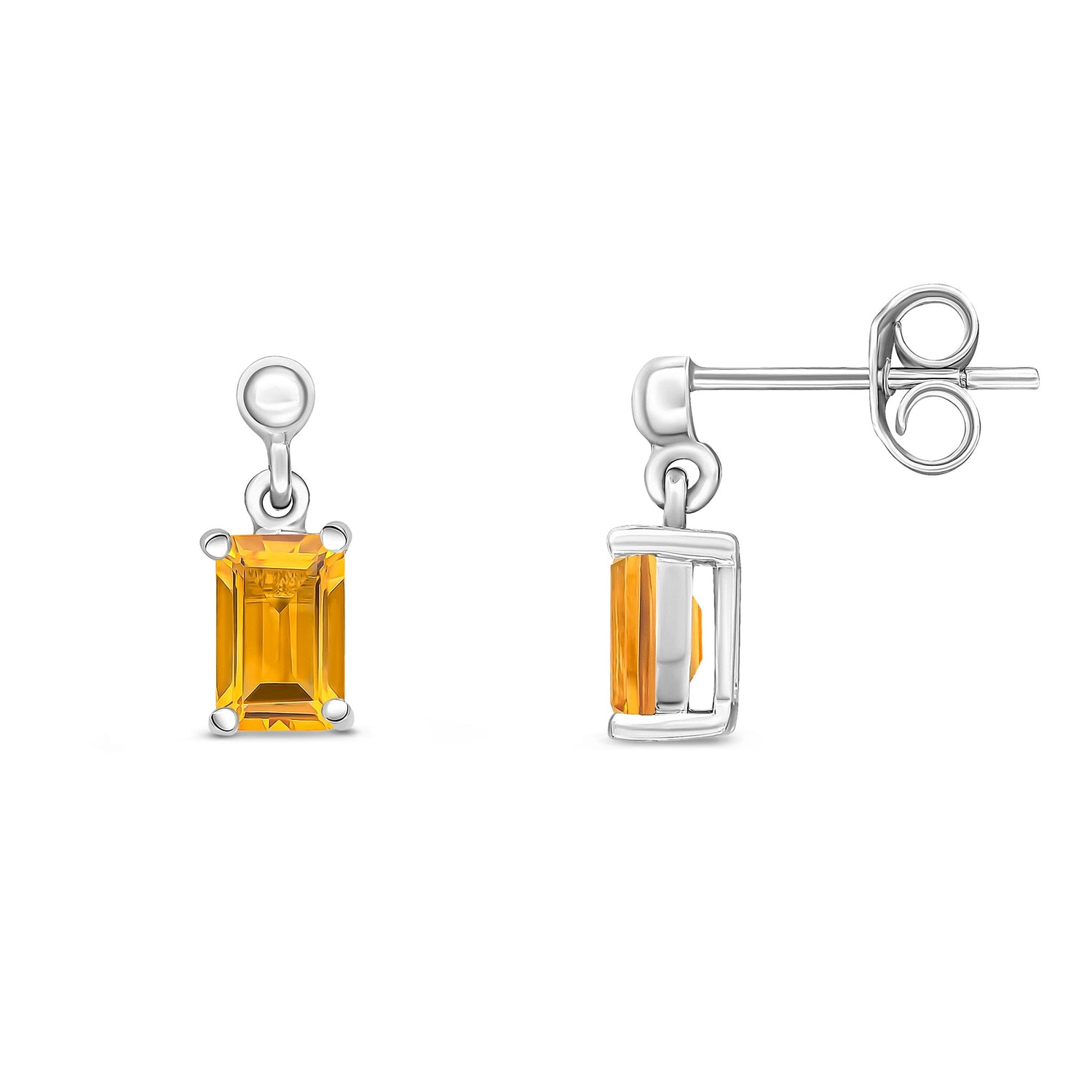 9ct White Gold Octagonal Emerald Cut Natural Citrine Claw Drop Earrings with Bead Tops — 6x4mm