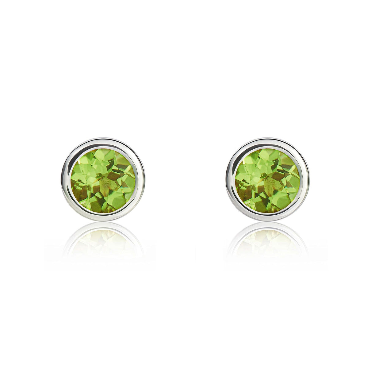 9ct White Gold Round Natural Peridot Rubover Stud Earrings — 4mm