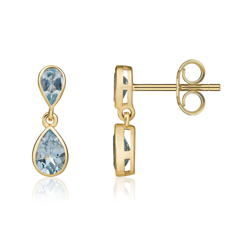 9ct Yellow Gold Pear Shaped Natural Aquamarine Two Stone Rubover Drop Earrings