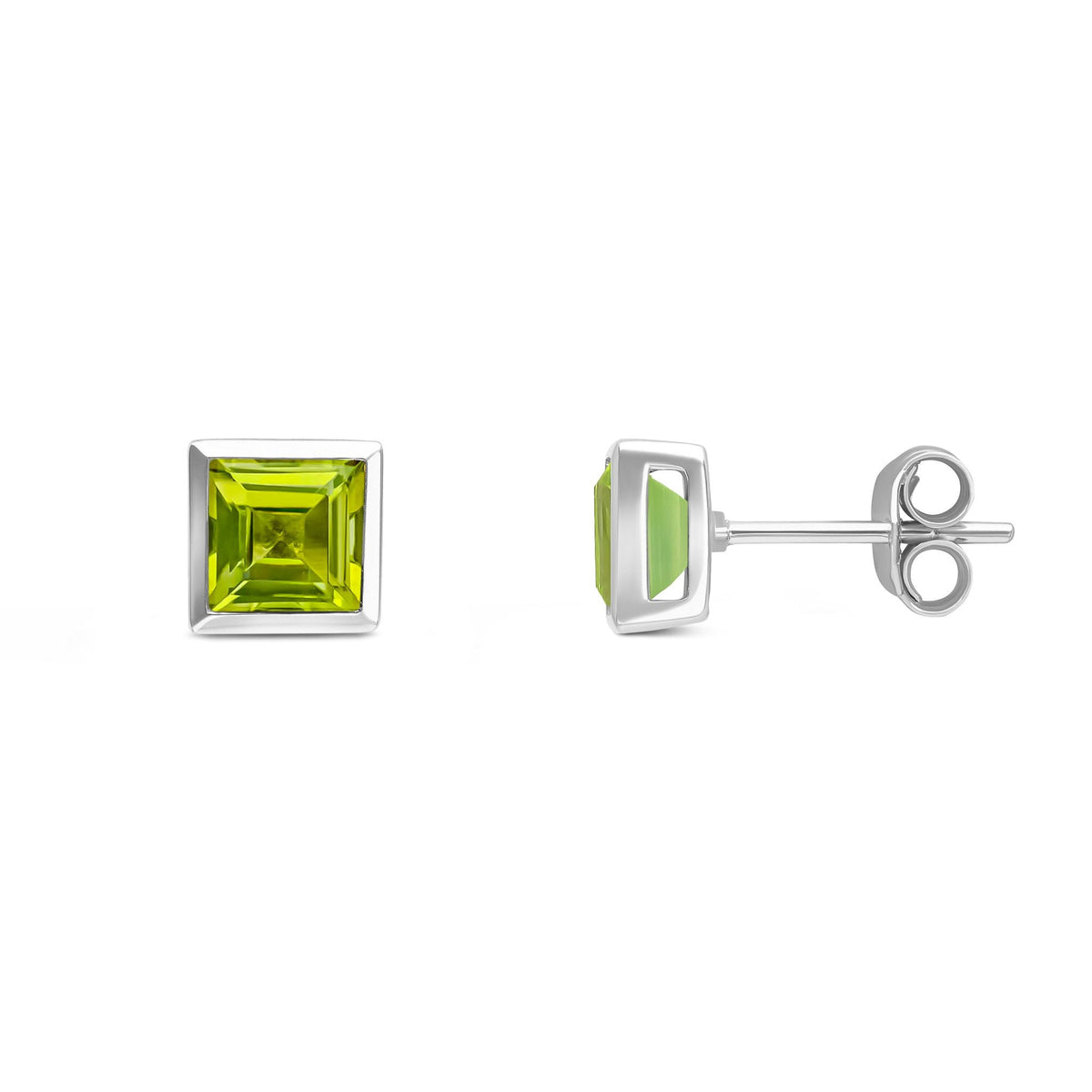 9ct White Gold Square Natural Peridot Rubover Stud Earrings — 5mm