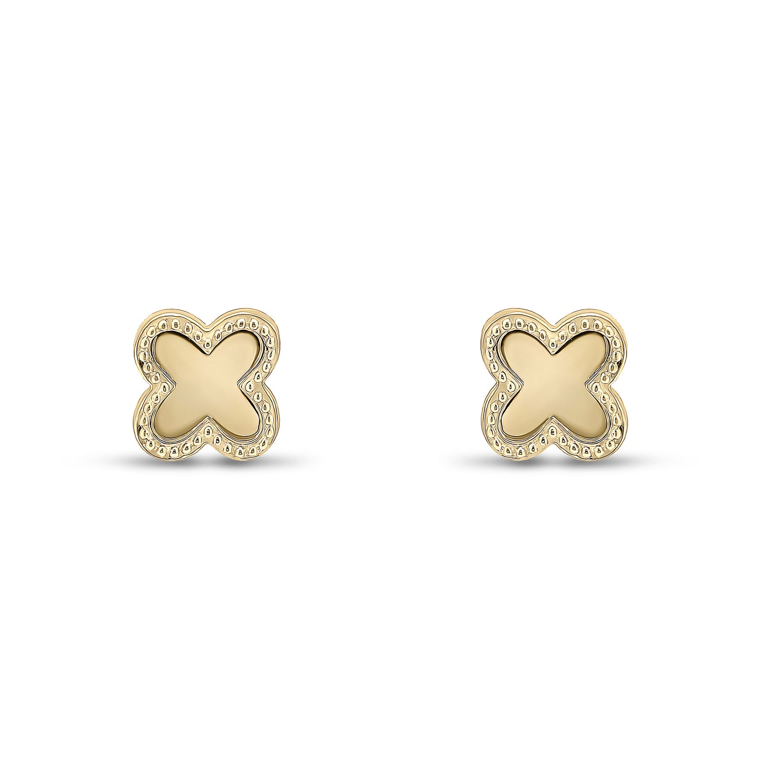 9ct Yellow Gold Beaded Edge Clover Stud Earrings -- 6mm