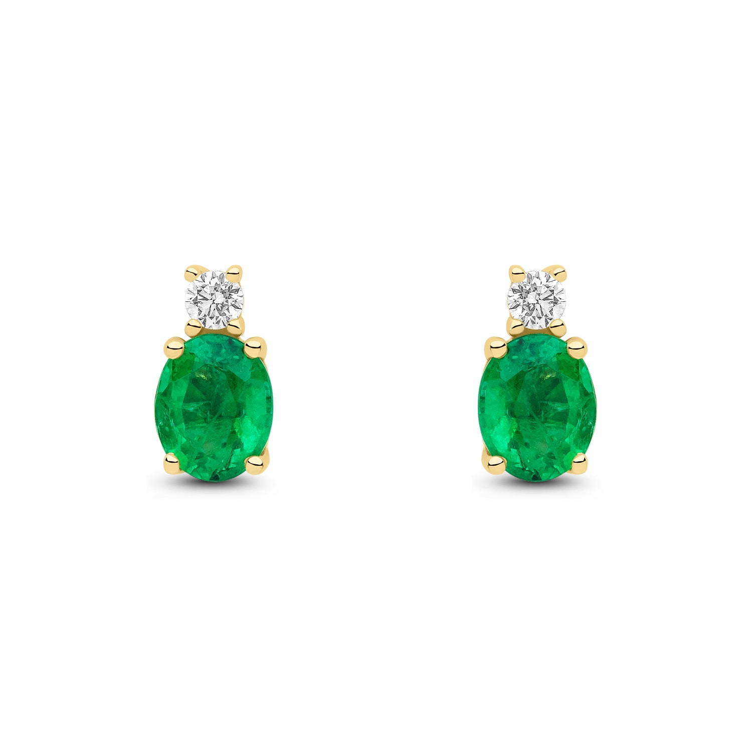 18ct Yellow Gold Oval Natural Emerald and Round Diamond Two Stone Stud Earrings — 5x4mm