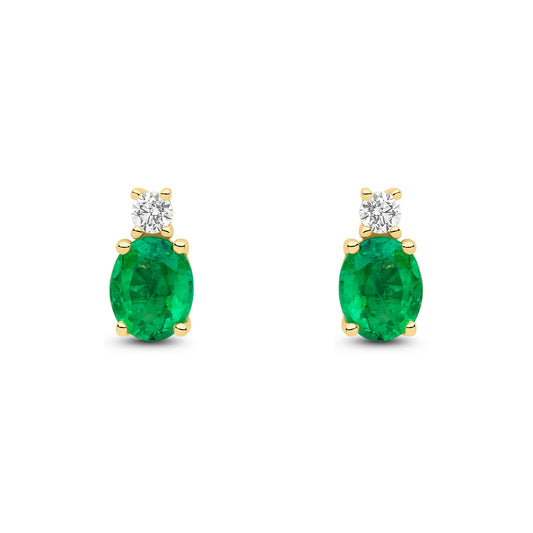 18ct Yellow Gold Oval Natural Emerald and Round Diamond Two Stone Stud Earrings — 5x4mm