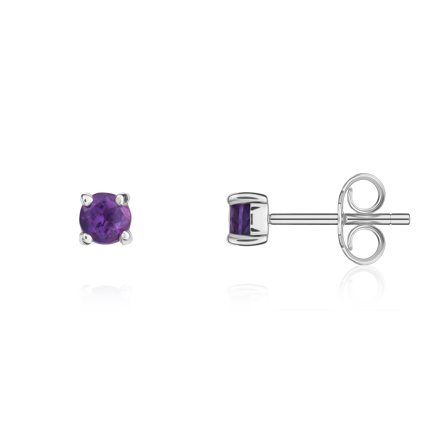 9ct White Gold Round Natural Amethyst Claw Set Stud Earrings — 3mm