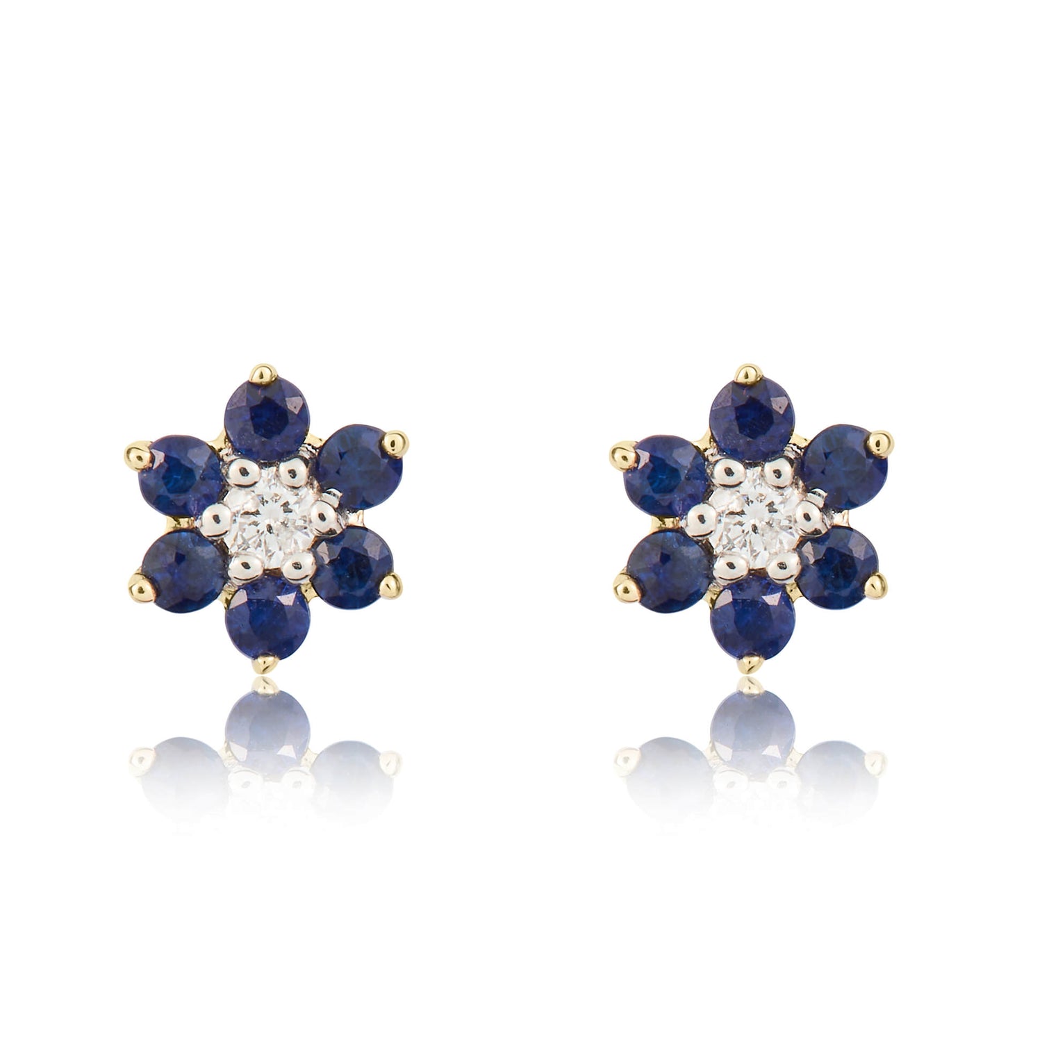 9ct Yellow Gold Natural Sapphire and Diamond Reverse Cluster Earrings
