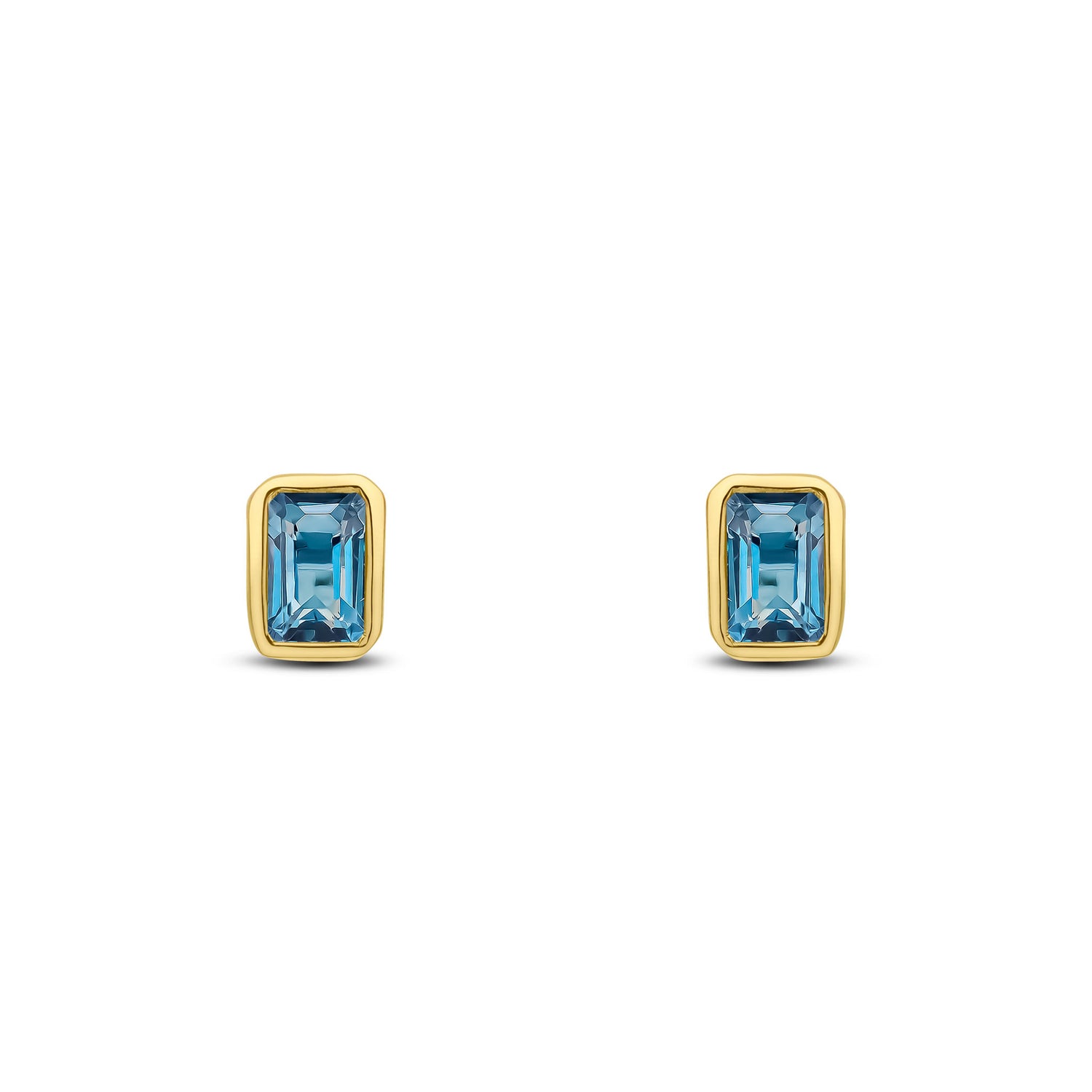 9ct Yellow Gold Octagonal Emerald Cut Natural London Blue Topaz Rubover Stud Earrings