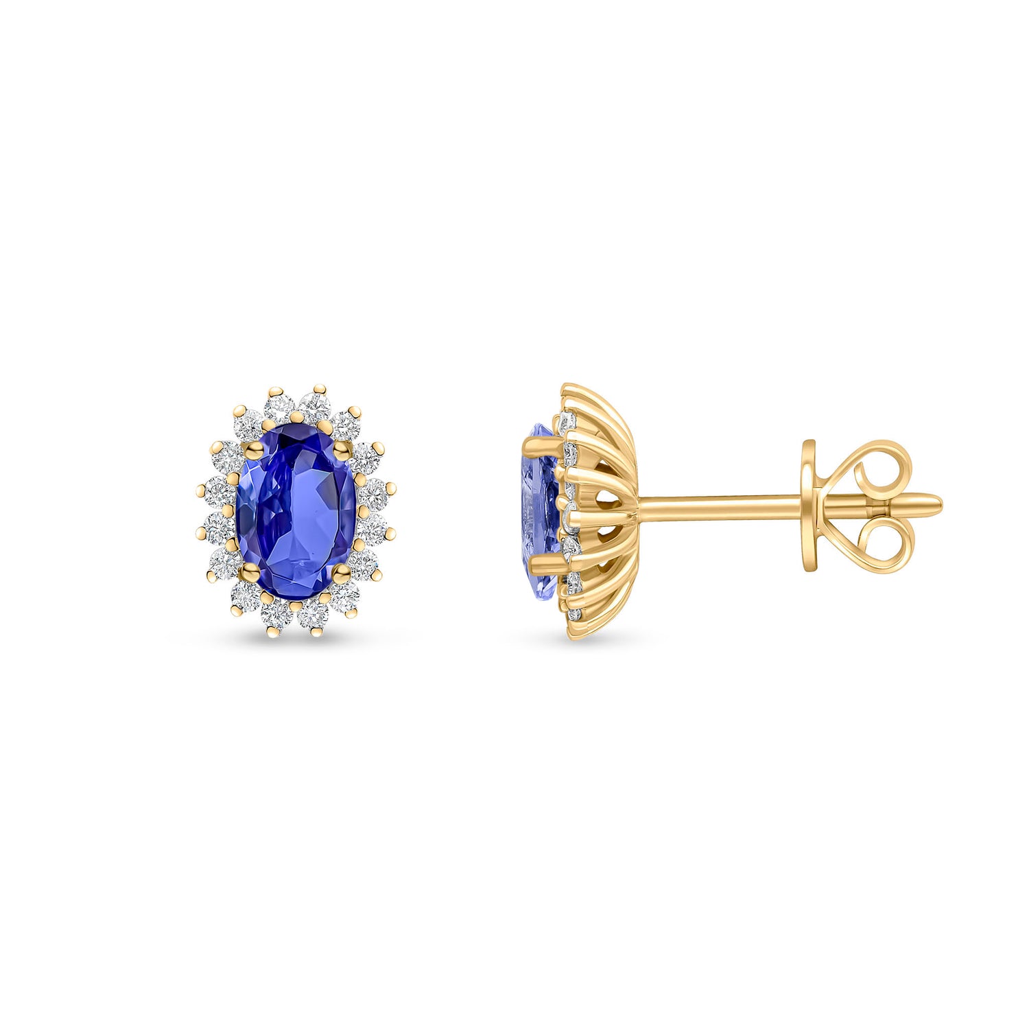 18ct Yellow Gold Oval Natural Tanzanite and Round Diamond Claw Set Cluster Stud Earrings — 6x4mm