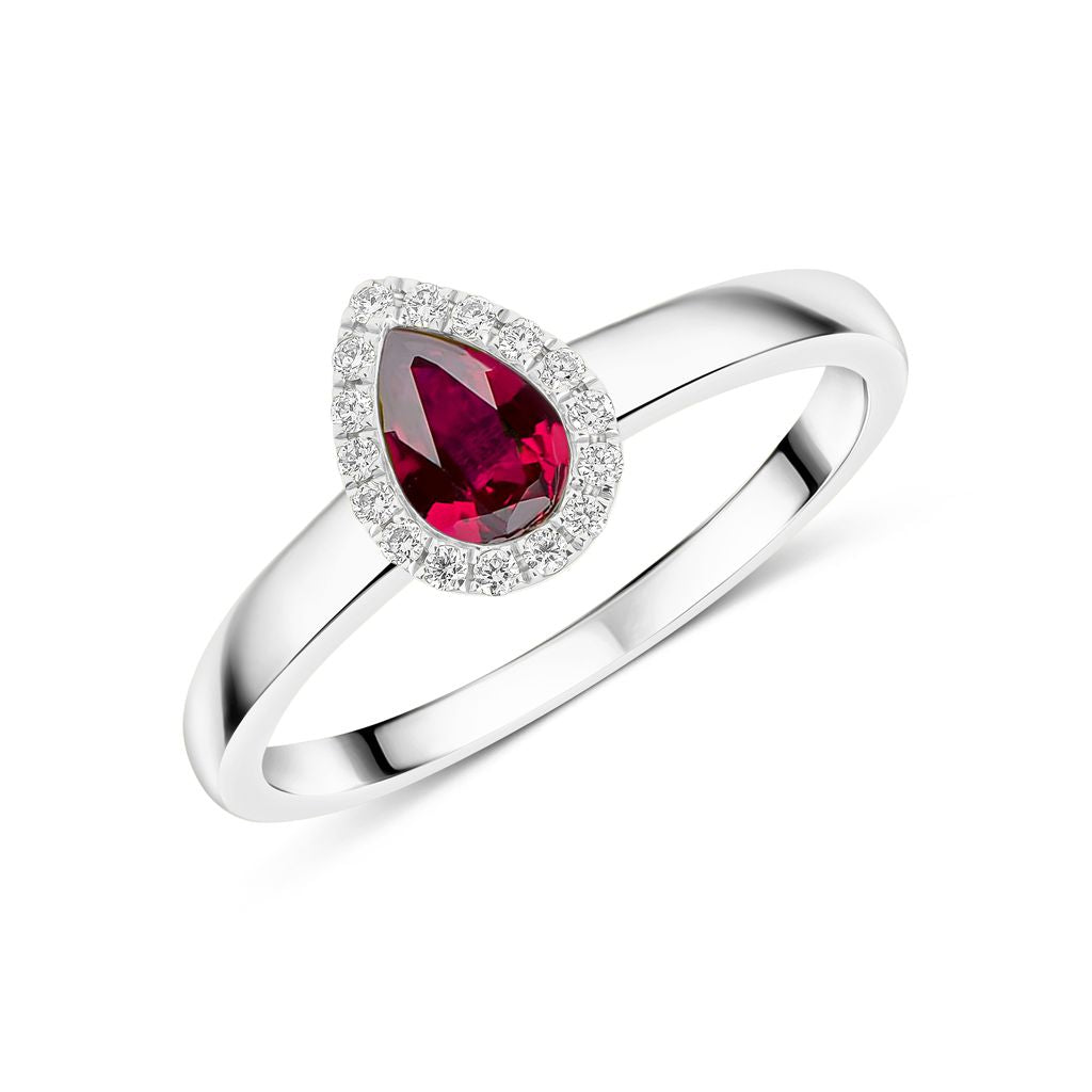 18ct White Gold Pear Shape Ruby and Diamond Microset Cluster Ring — 6x4mm