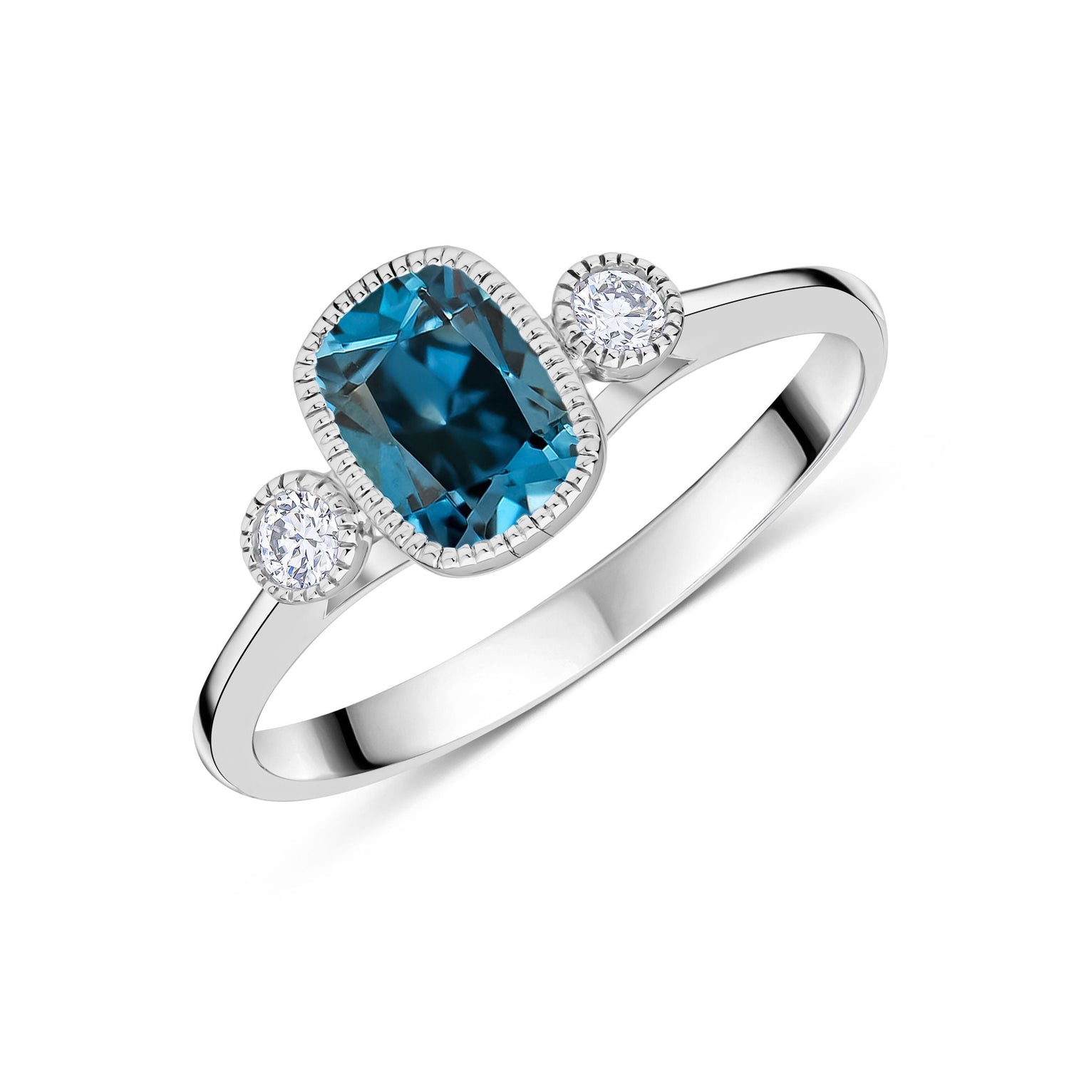 9ct White Gold Cushion London Blue Topaz & Round Diamond Millegrain Set Three Stone Ring — 7x5mm