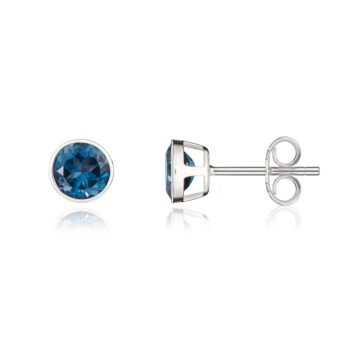 9ct White Gold Round Natural London Blue Topaz Rubover Stud Earrings — 5mm