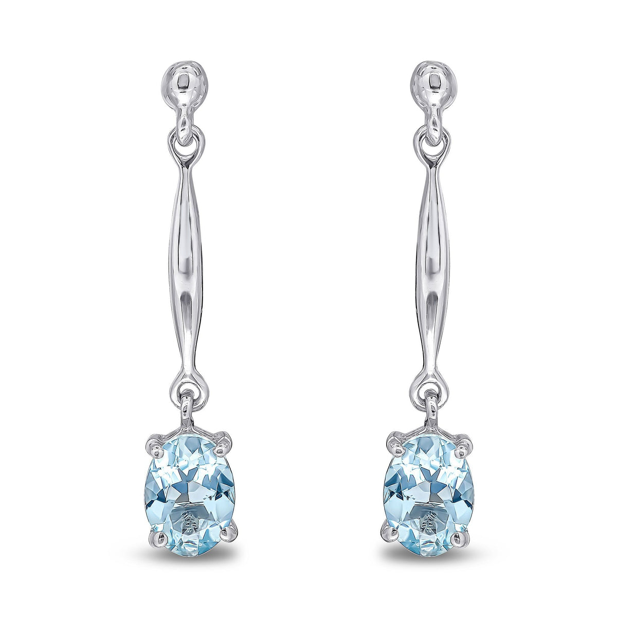 9ct White Gold Oval Natural Aquamarine Claw Bar Drop Earrings — 7x5mm