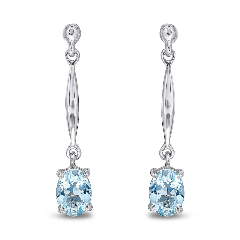 9ct White Gold Oval Natural Aquamarine Claw Bar Drop Earrings — 7x5mm