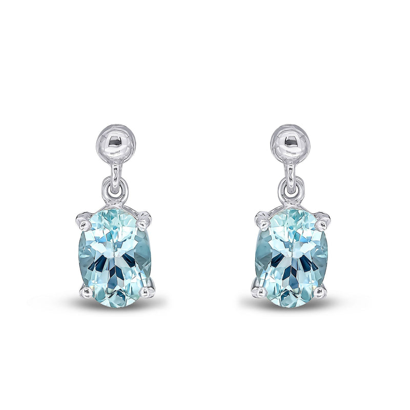 9ct White Gold Oval Natural Aquamarine Claw Drop Earrings — 7x5mm