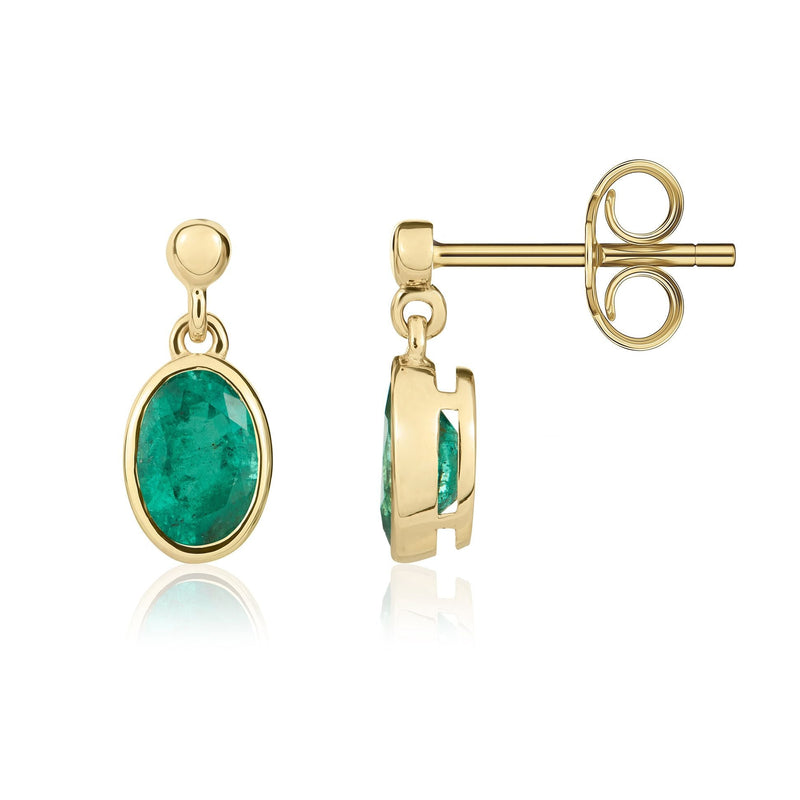 9ct Yellow Gold Oval Natural Emerald Rubover Drop Earrings — 6x4mm