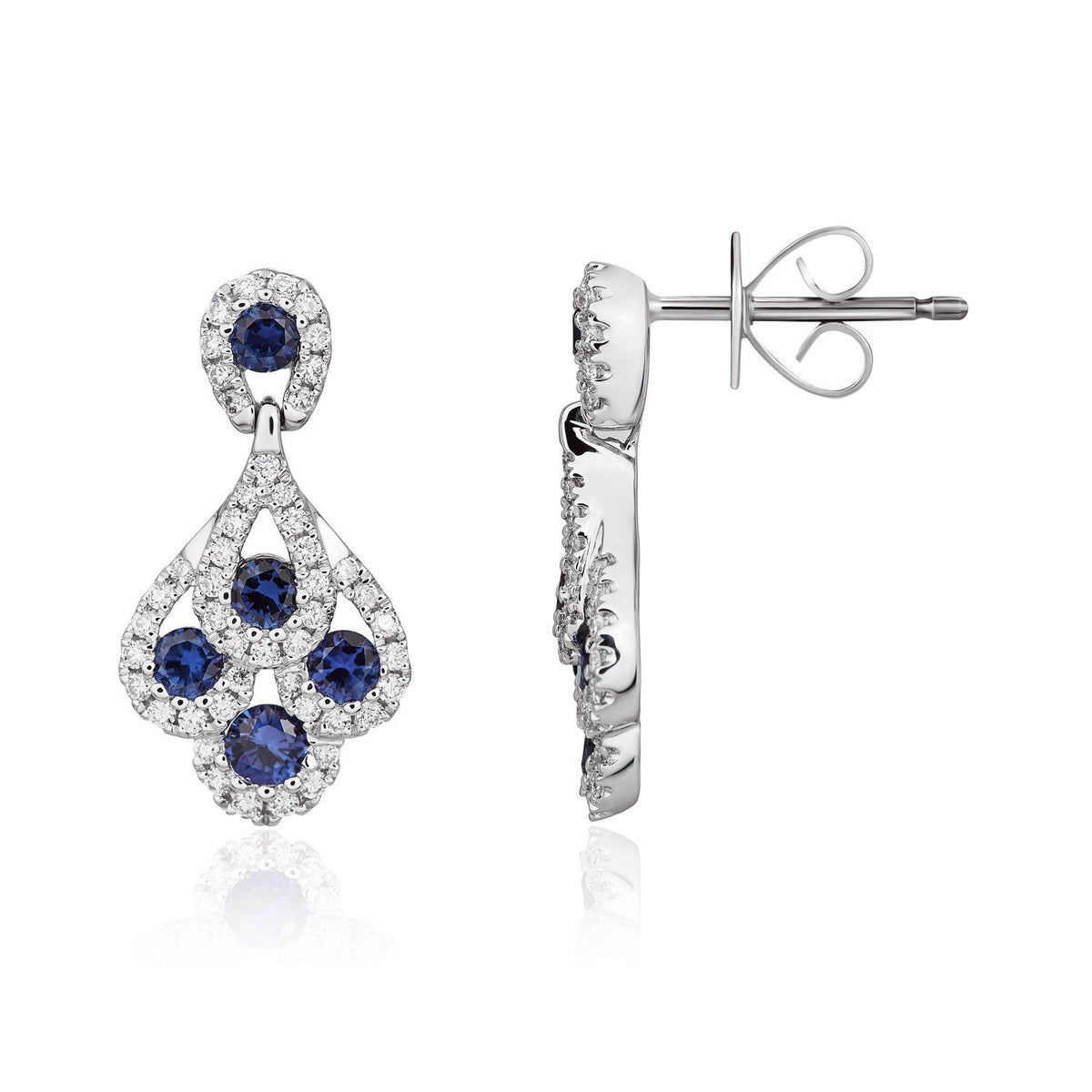 18ct White Gold Natural Sapphire and Diamond Peacock Drop Earrings