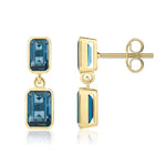 9ct Yellow Gold Octagonal Emerald Cut Natural London Blue Topaz Double Stone Rubover Drop Earrings