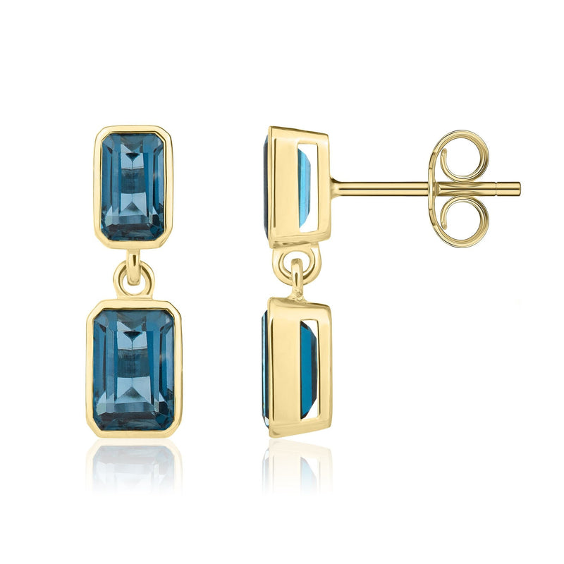 9ct Yellow Gold Octagonal Emerald Cut Natural London Blue Topaz Double Stone Rubover Drop Earrings