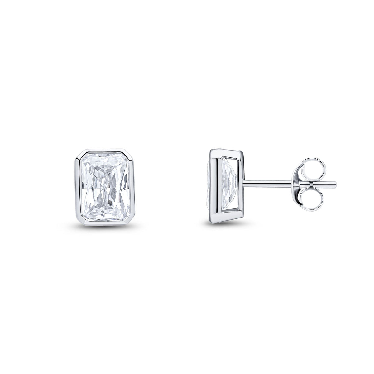 9ct White Gold Octagonal Emerald Cut Cubic Zirconia CZ Rubover Stud Earrings — 7x5mm