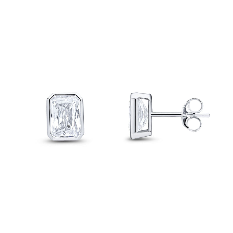 9ct White Gold Octagonal Emerald Cut Cubic Zirconia CZ Rubover Stud Earrings — 7x5mm