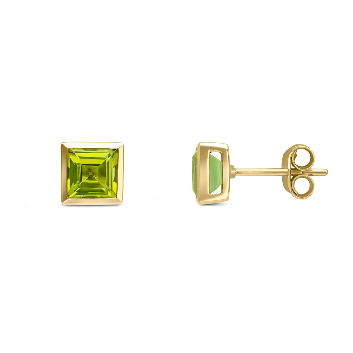 9ct Yellow Gold Square Natural Peridot Rubover Stud Earrings — 5mm