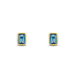 9ct Yellow Gold Octagonal Emerald Cut Natural London Blue Topaz Rubover Stud Earrings — 5x3mm