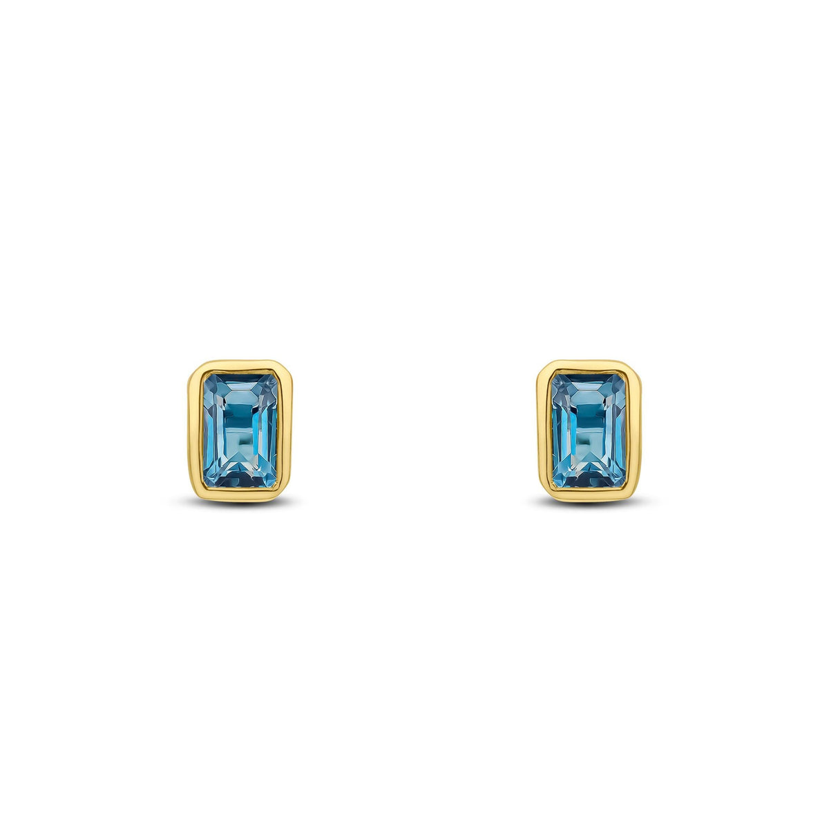 9ct Yellow Gold Octagonal Emerald Cut Natural London Blue Topaz Rubover Stud Earrings — 5x3mm