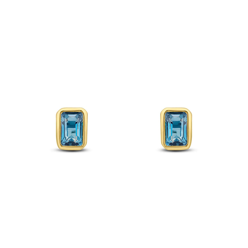 9ct Yellow Gold Octagonal Emerald Cut Natural London Blue Topaz Rubover Stud Earrings — 5x3mm