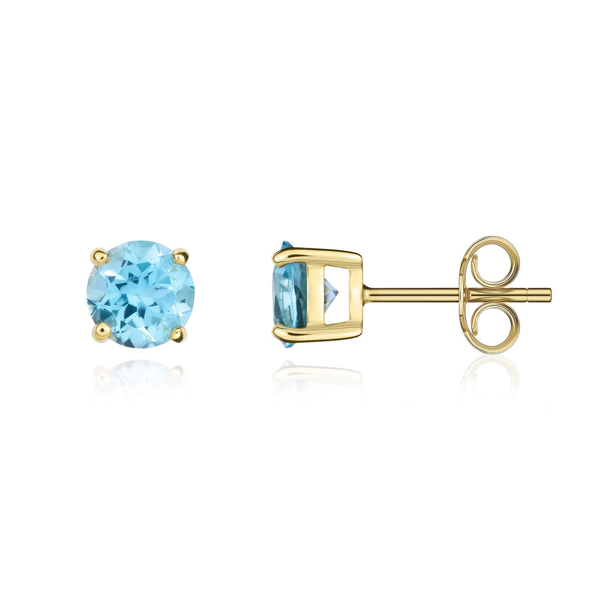 9ct Yellow Gold Round Natural Swiss Blue Topaz Claw Stud Earrings — 5mm