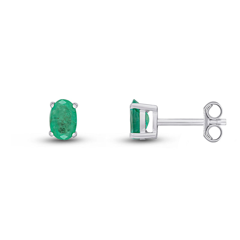 9ct White Gold Oval Natural Emerald Claw Stud Earrings — 6x4mm