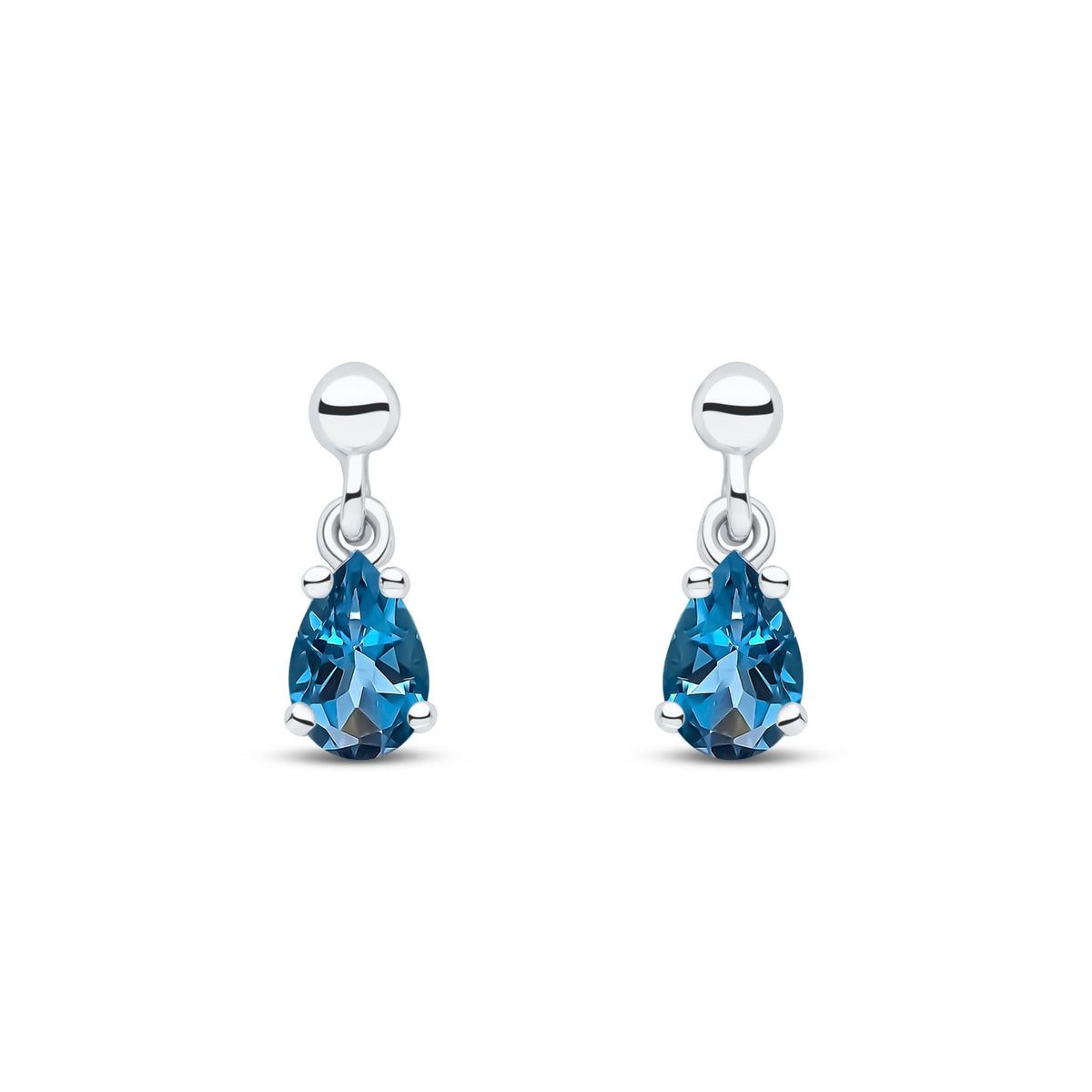 9ct White Gold Pear Shaped Natural London Blue Topaz Claw Drop Earrings — 6x4mm