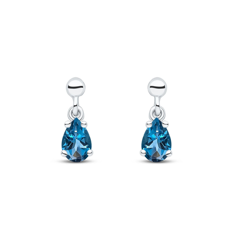 9ct White Gold Pear Shaped Natural London Blue Topaz Claw Drop Earrings — 6x4mm