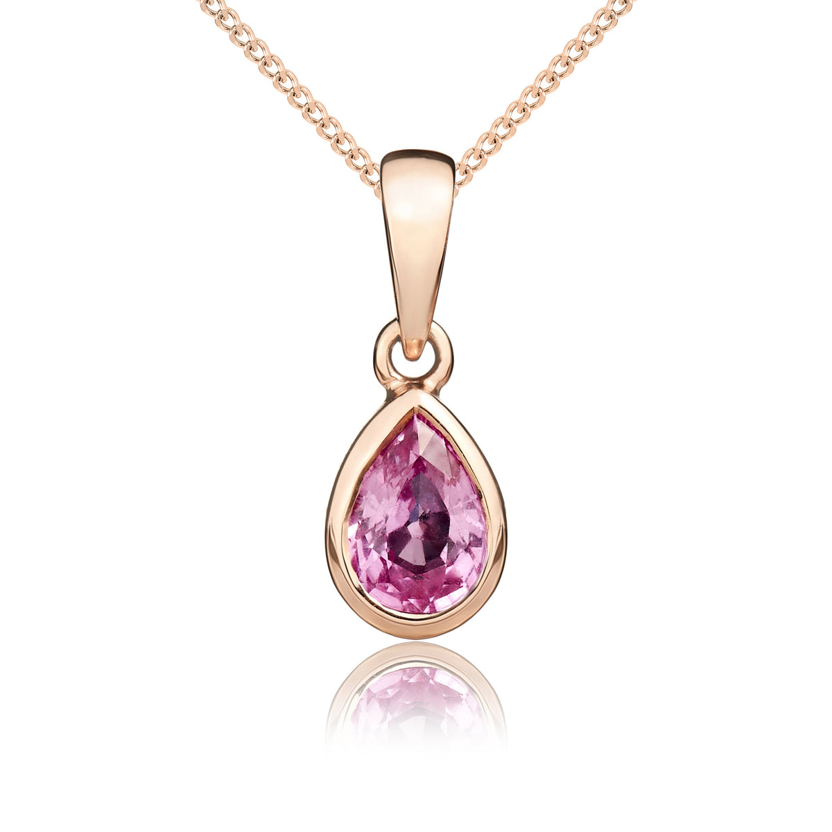 9ct Rose Gold Pear Shaped Natural Pink Sapphire Rubover Pendant — 6x4mm