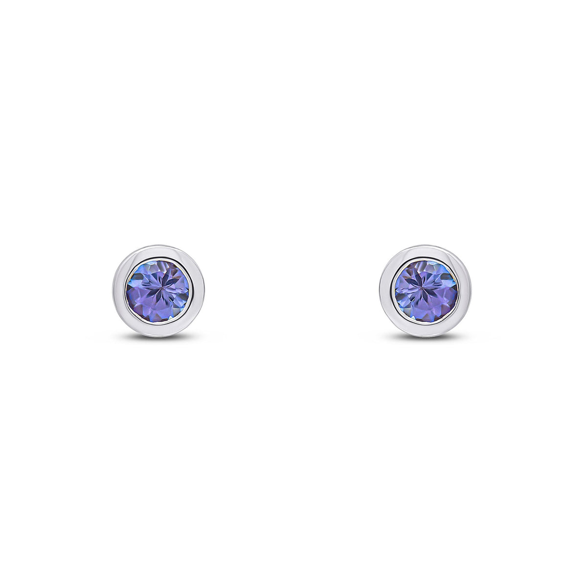 9ct White Gold Round Natural Tanzanite Rubover Stud Earrings — 3mm