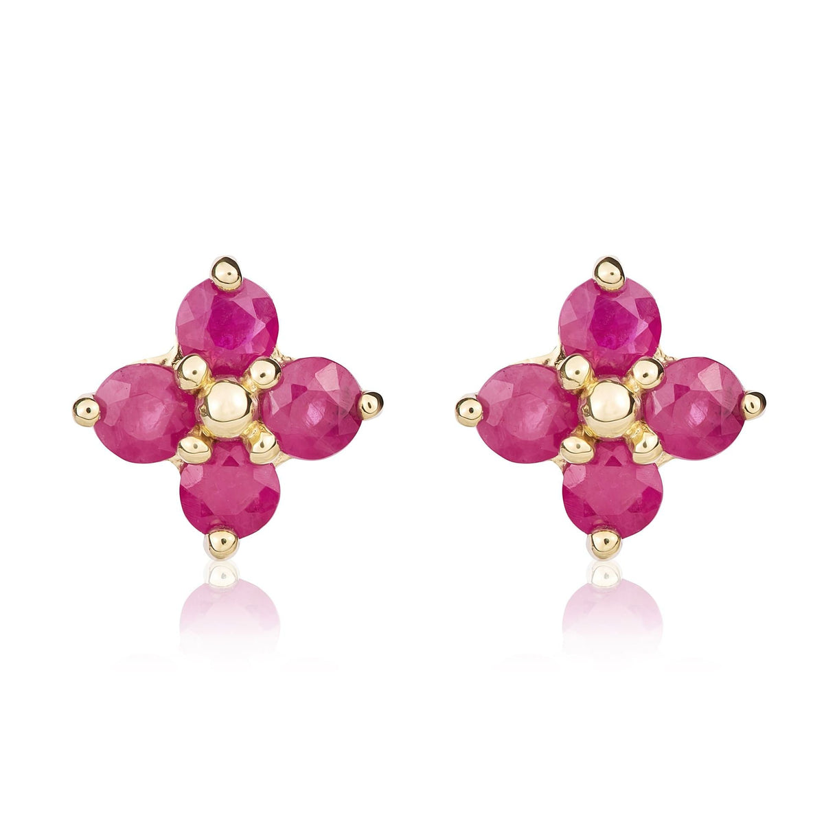 9ct Yellow Gold Round Natural Ruby Four Stone Cluster Stud Earrings