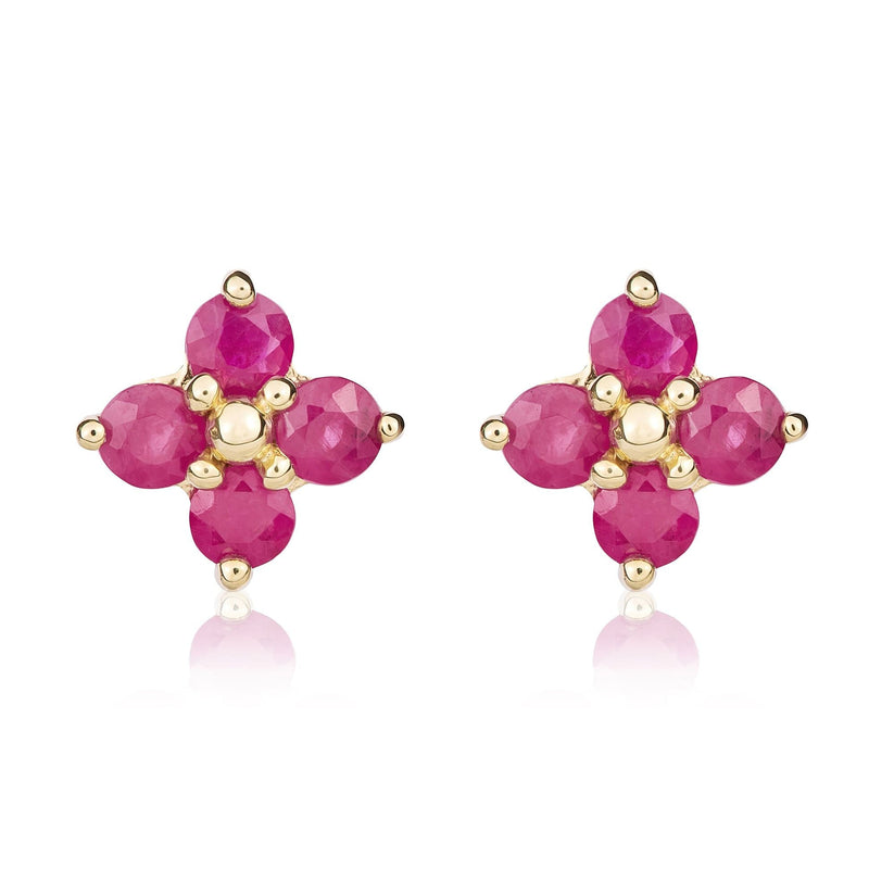 9ct Yellow Gold Round Natural Ruby Four Stone Cluster Stud Earrings