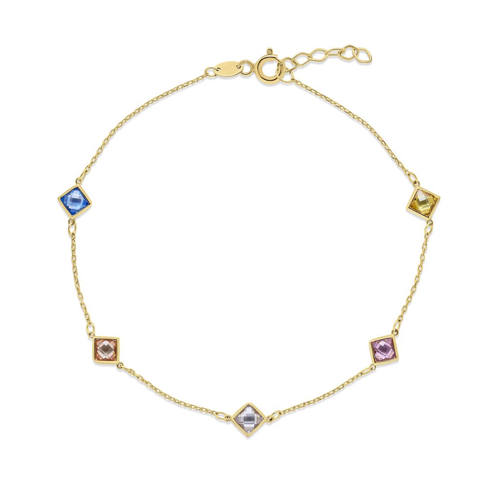 9ct Yellow Gold Multi-Coloured Cubic Zirconia CZ Cushion Station Bracelet